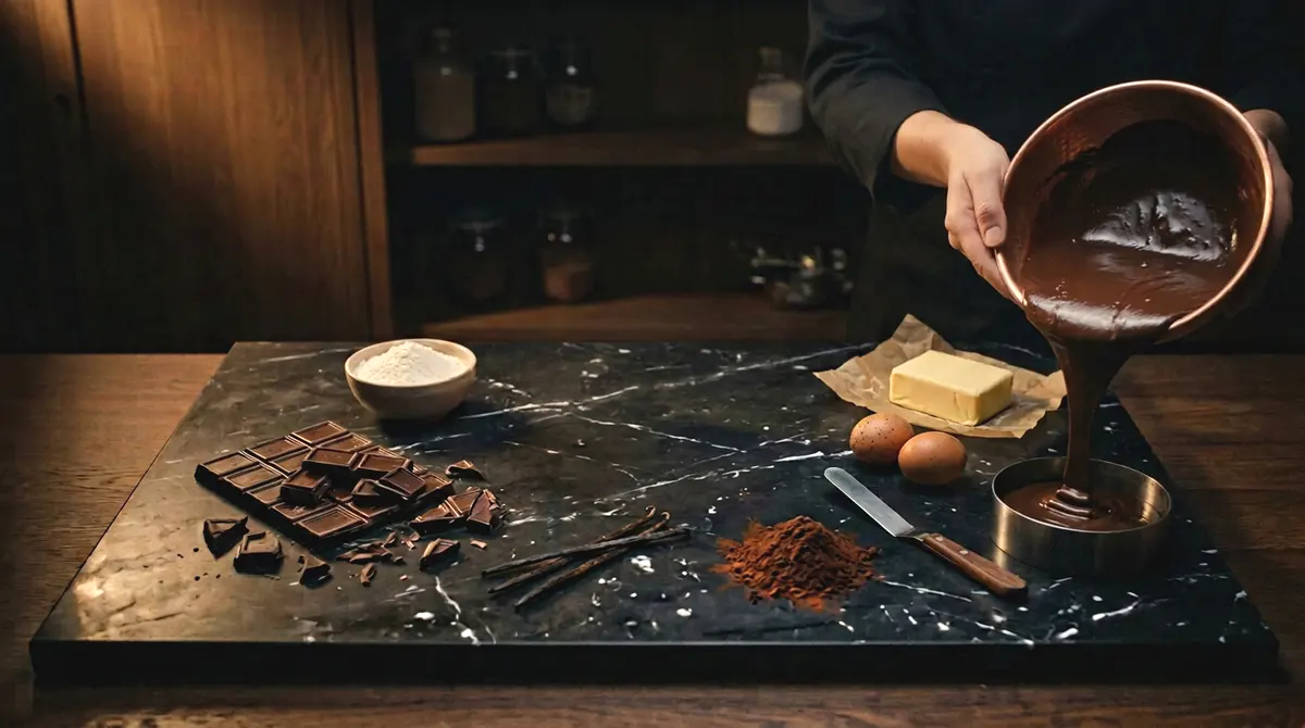 Batter pouring from a copper bowl into a cake ring