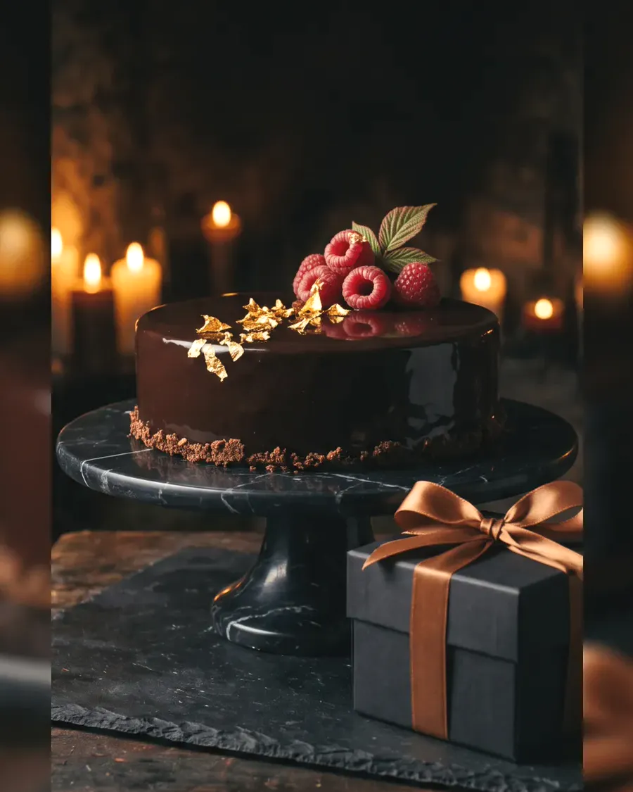 A whole mirror-glazed chocolate cake with gold leaf beside a ribboned box