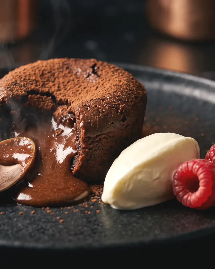 A chocolate fondant broken open with a molten centre, crème fraîche and raspberries
