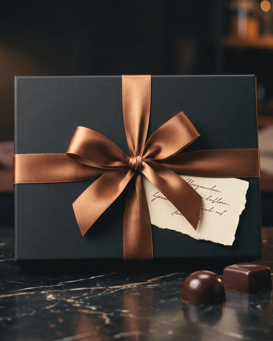 A matte black gift box tied with a bronze ribbon and a handwritten card